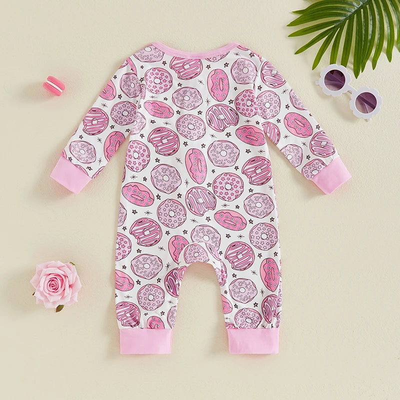 Baby Girls Jumpsuit Long Sleeve Crew Neck Donut Print Zipper Romper