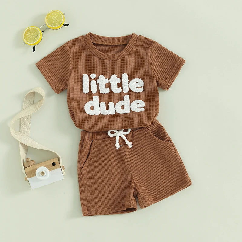 Baby Toddler Boys 2Pcs Little Dude Summer Outfit Short Sleeve Letter Print Top Solid Color Drawstring Shorts Set