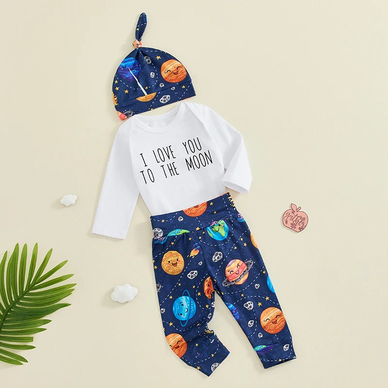 Baby Boys Girls 3Pcs Outfit I Love You To The Moon Long Sleeve Letter Print Romper Planets Print Pants Hat Set