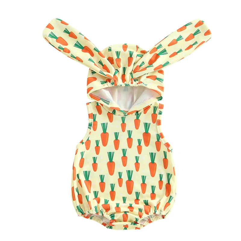 Baby Girls Boys Easter Romper Carrot / Bunny Print Sleeveless Tank Rabbit Ears Hooded Jumpsuit