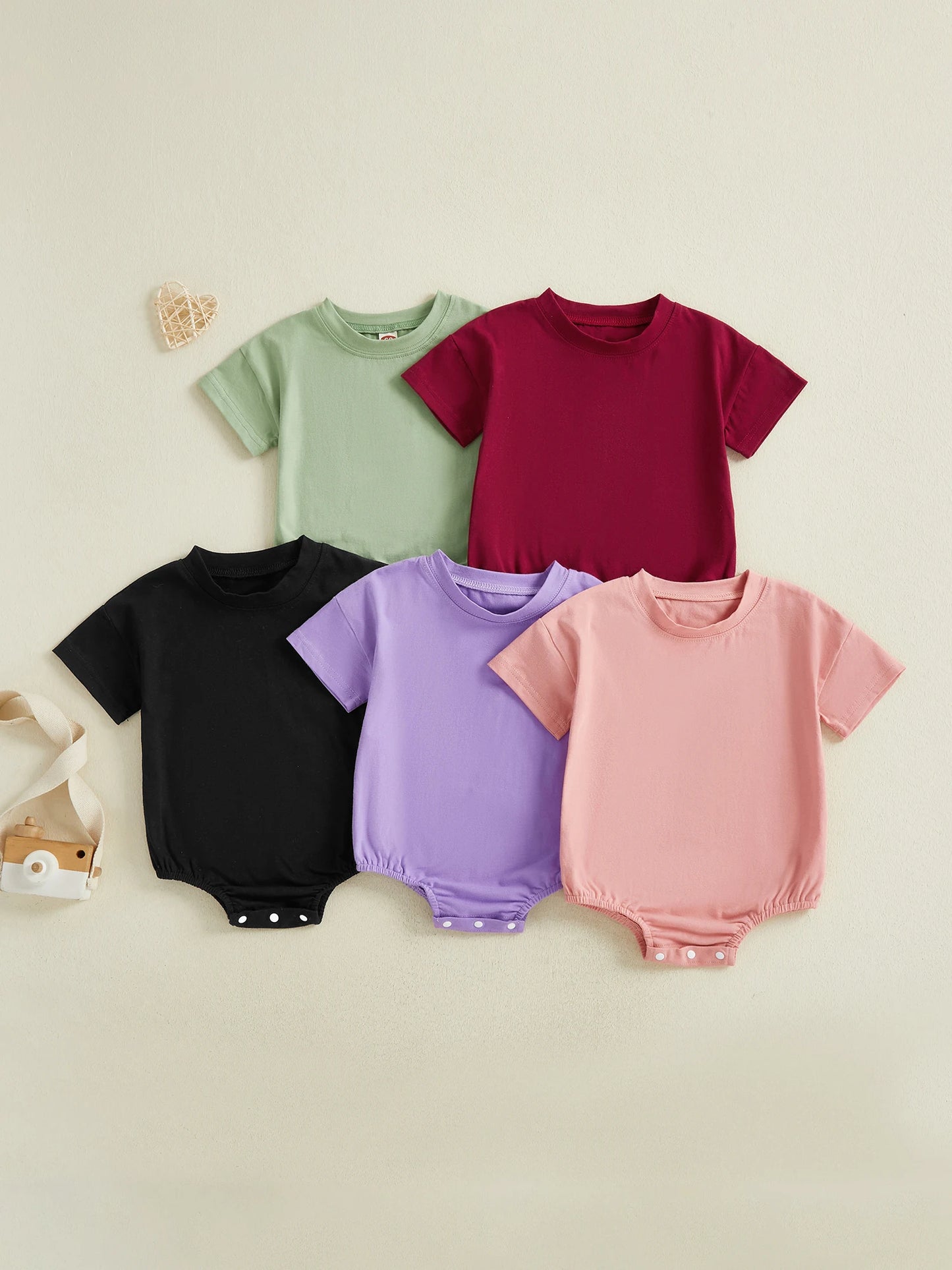 Baby Boys Girls Summer Spring Romper Solid Color Short Sleeve Round Neck Newborn Bodysuit