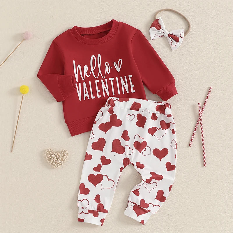 Baby Toddler Girls 3Pcs Valentine's Day Outfit Hello Valentine Letter Print Crew Neck Long Sleeve Top Heart Print Long Jogger Pants Headband Bow Valentines Set