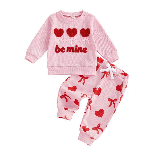 Baby Toddler Girls 2Pcs Valentine's Day Be Mine / Jesus Loves Me Outfit Fashionable Heart Letters Embroidery Long Sleeve Pullover Top with Pants Jogger Set