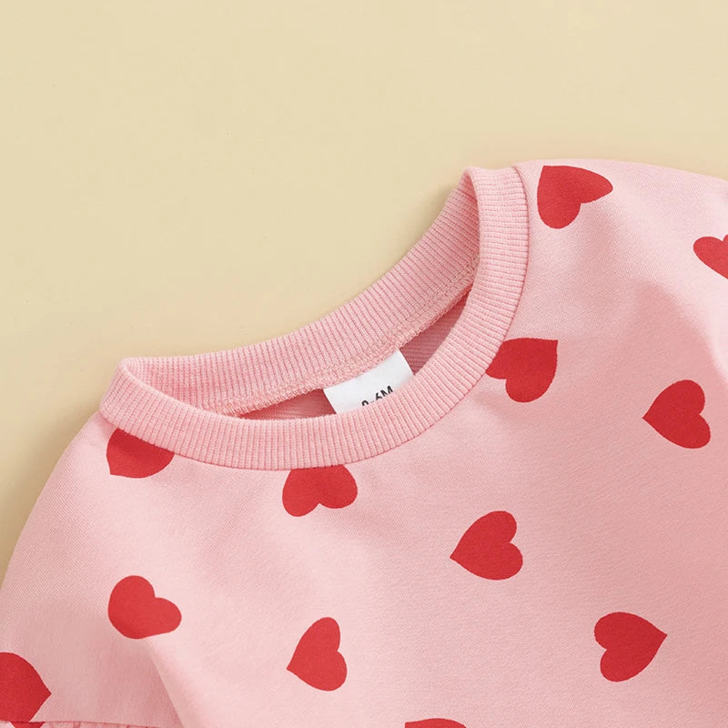 Baby Toddler Girl Valentine's Day Long Sleeve Ruffle Heart Print Pullover Top