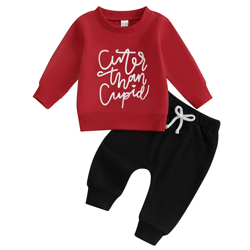 Baby Toddler Boys 2Pcs Cuter Than Cupid Valentine's Day Jogger Set Letter Print Long Sleeve Round Neck Top Pockets Long Pants Outfit Valentines