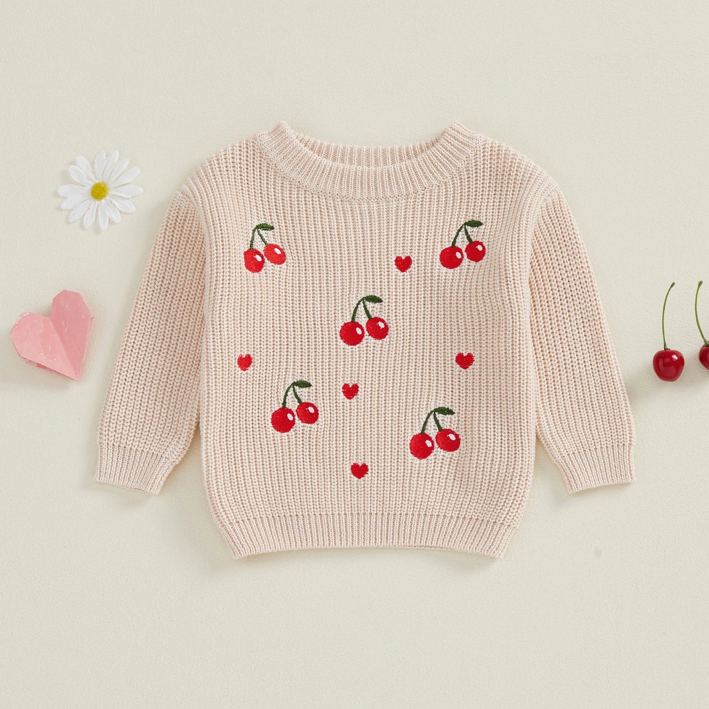 Toddler Kids Boys Girls Valentines Day Knit Sweater Fashionable Heart Cherry Embroidery Crew Neck Long Sleeve Tops