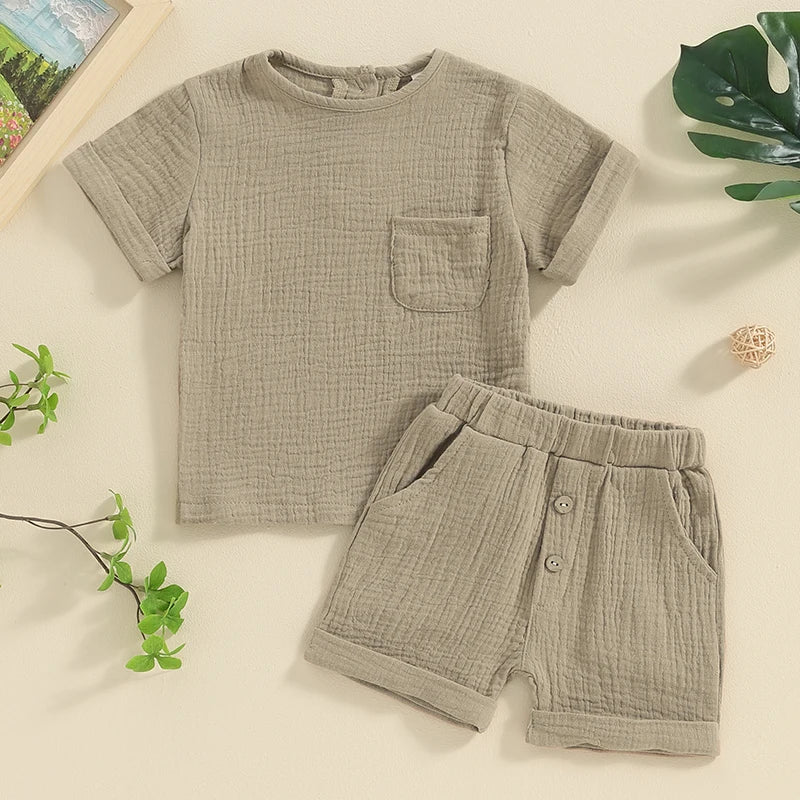 Baby Toddler Boys Girls 2Pcs Summer Clothes Set Solid Cotton Linen Pocket Short Sleeve Top + Button Pocket Shorts Beach Casual Outfit