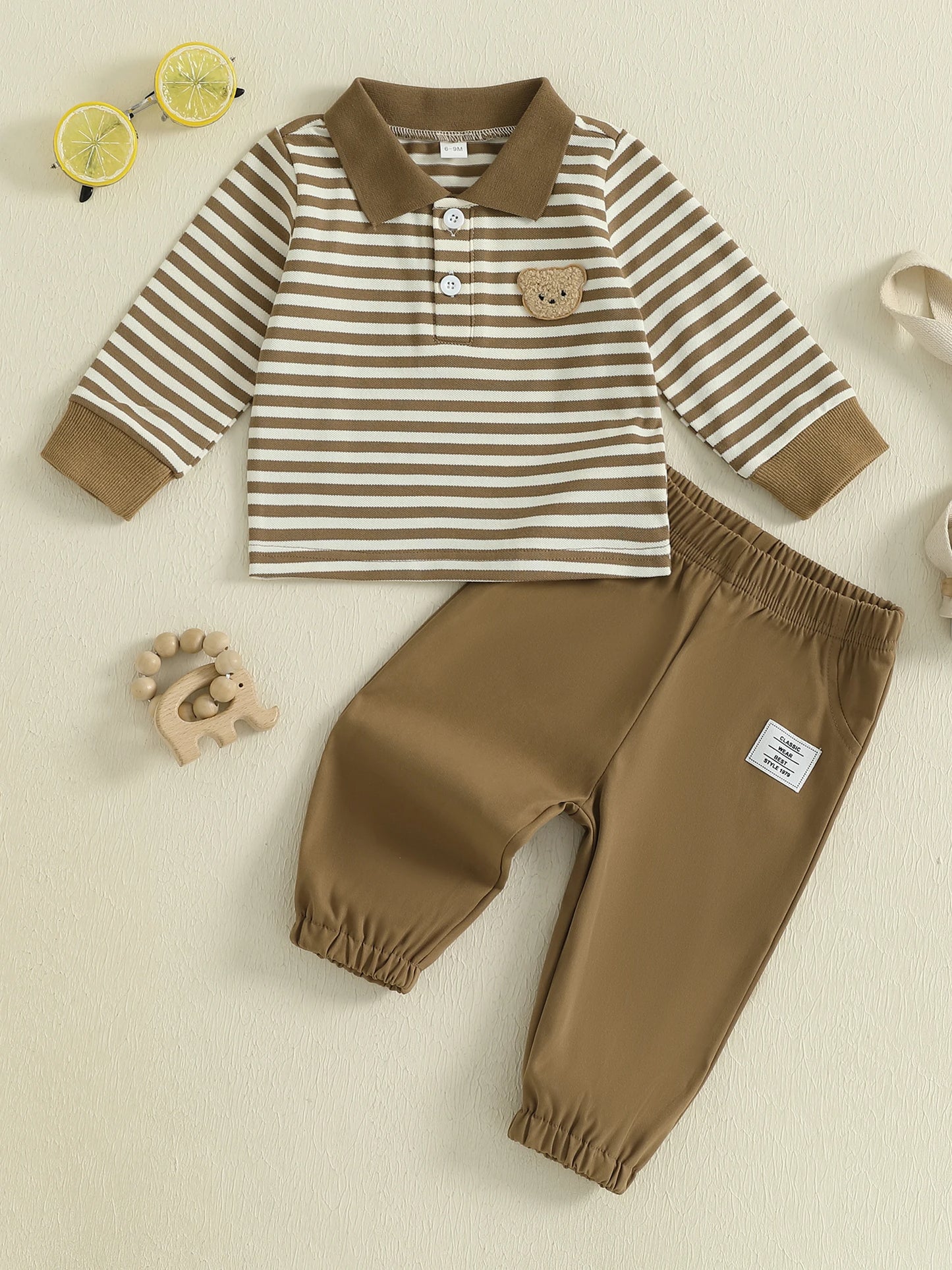 Baby Toddler Boys 2Pcs Fall Long Sleeve Lapel Bear Embroidery Striped Top Pants Sets