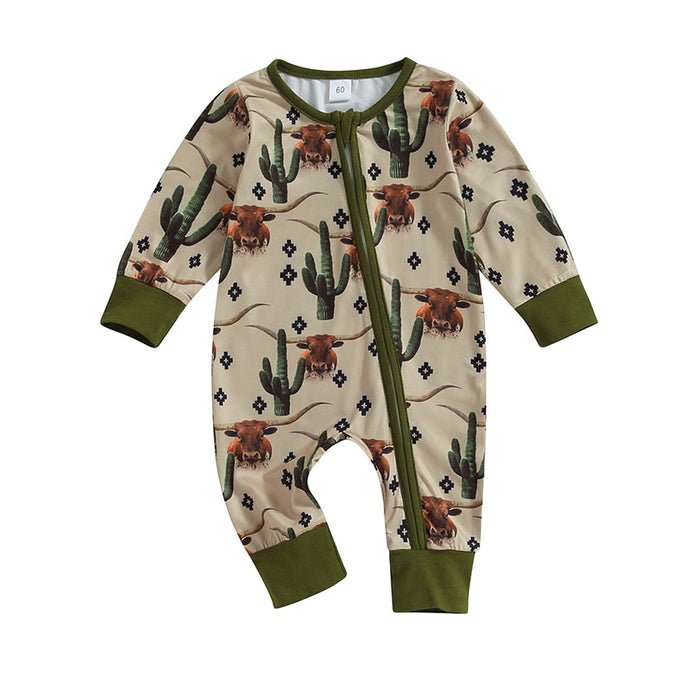Baby Boys Girls Jumpsuit Long Sleeve Cow/Horse Print Zipped Autumn Romper Clothes
