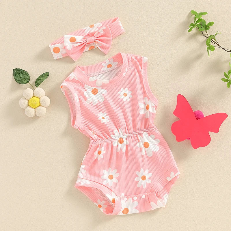 Baby Girls 2Pcs Rompers Daisy Print Round Neck Sleeveless Tank Top Bodysuit Summer Clothes with Headband