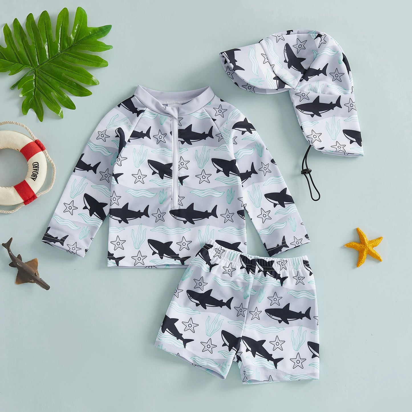 Baby Toddler Boys 3Pcs Rash Guard Swimsuit Print Zip Up Long Sleeve Swimwear Top Swim Shorts and Hat Set