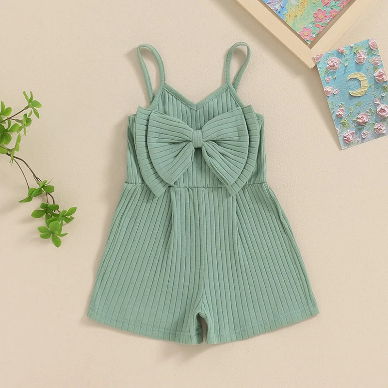 Baby Toddler Girls Ribbed Jumpsuit Cute Bow Sleeveless Tank Top Romper Shorts