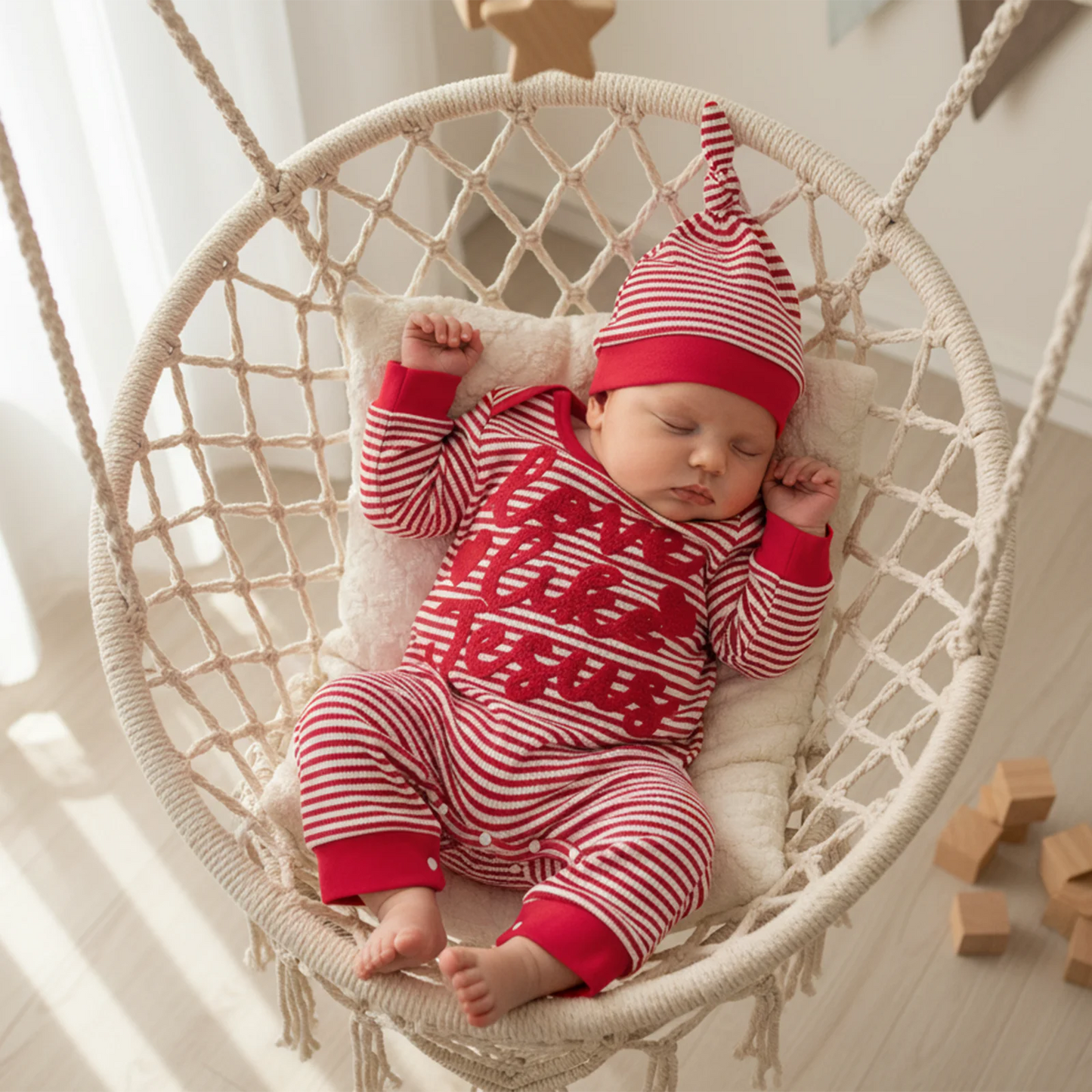 Baby Boys Girls 2Pcs Valentine's Day Romper Love Like Jesus Striped Heart Letter Embroidered Long Sleeve Jumpsuit Knotted Hat Set