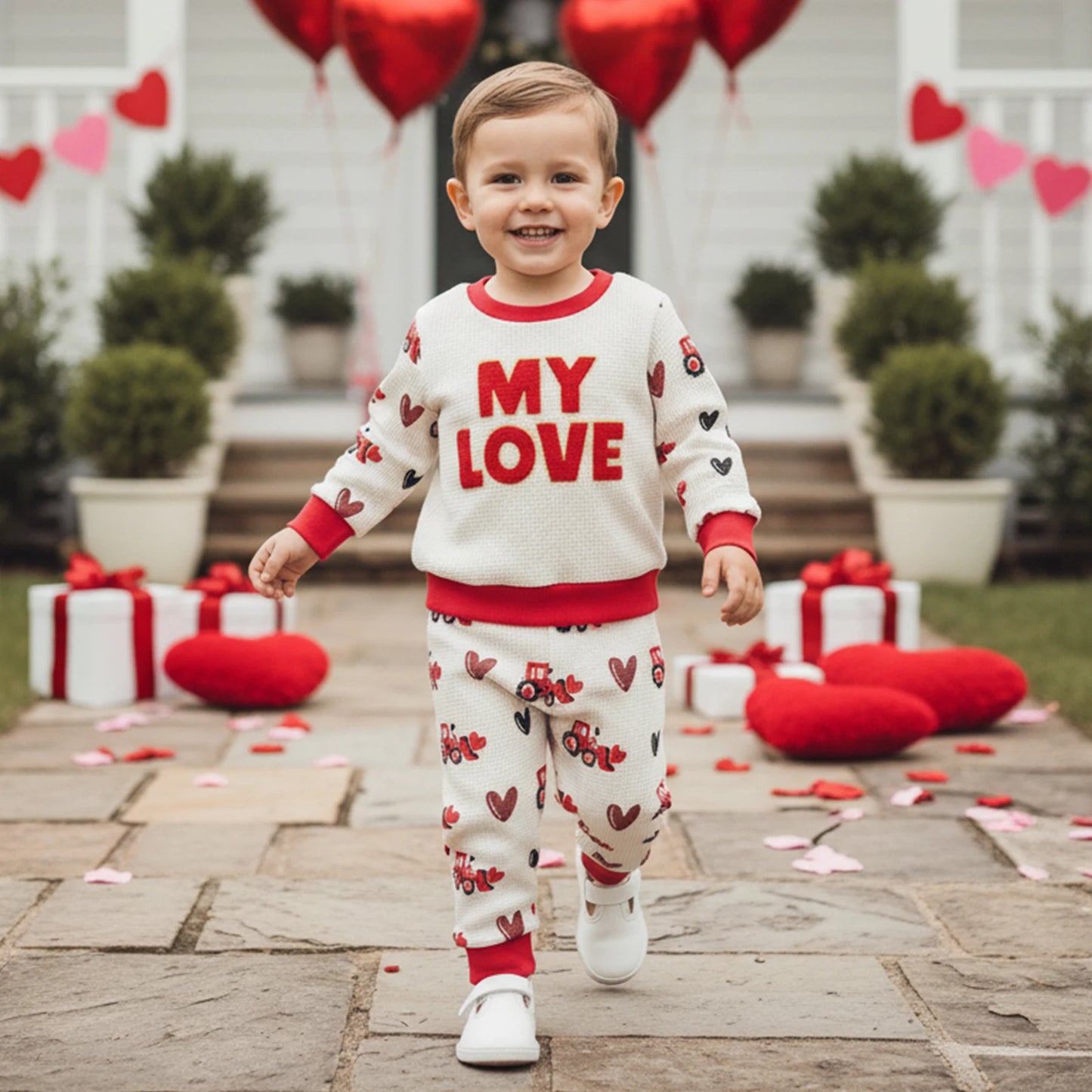 Baby Toddler Boy 2Pcs MY LOVE Valentine's Outfit Letter Embroidery Long Sleeve Crew Neck Pullover Top and Joggers Pants Set