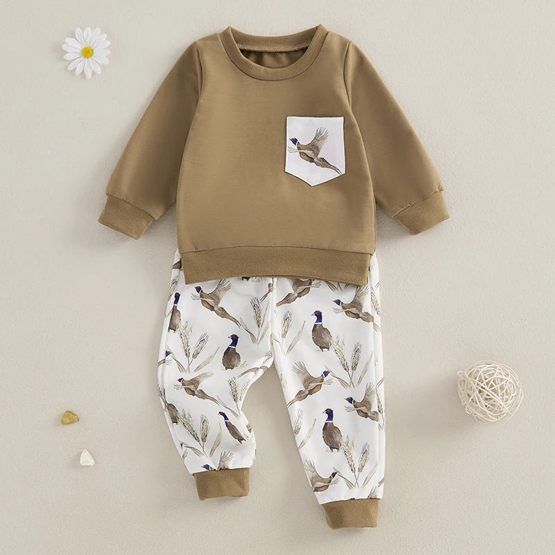 Baby Toddler Boys Girls 2Pcs Outfit Wild Goose Print Pullover Top Elastic Waist Pants with Pockets Clothes Jogger Set