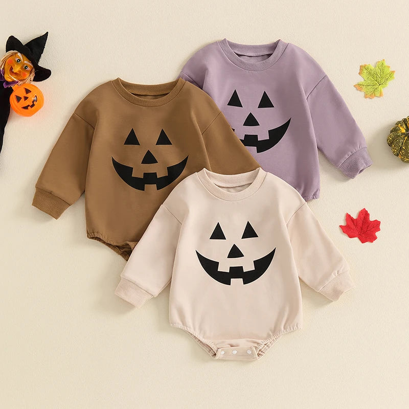 Baby Girls Boys Halloween Romper Casual Pumpkin Jack O Lantern Face Print Round Neck Long Sleeve Jumpsuit