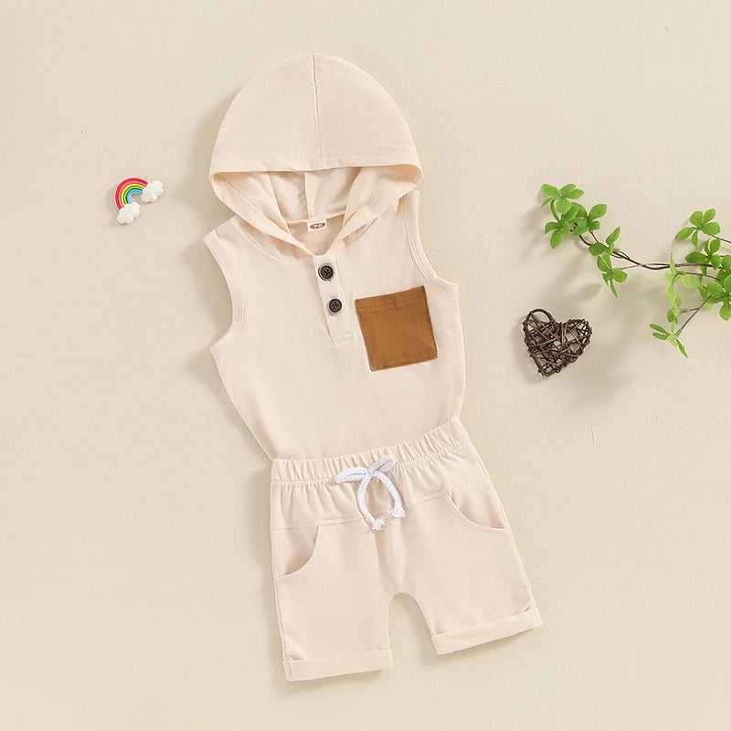 Baby Toddler Boys 2Pcs Summer Outfit Sleeveless Hooded Tank Top with Pocket Elastic Waist Shorts Set