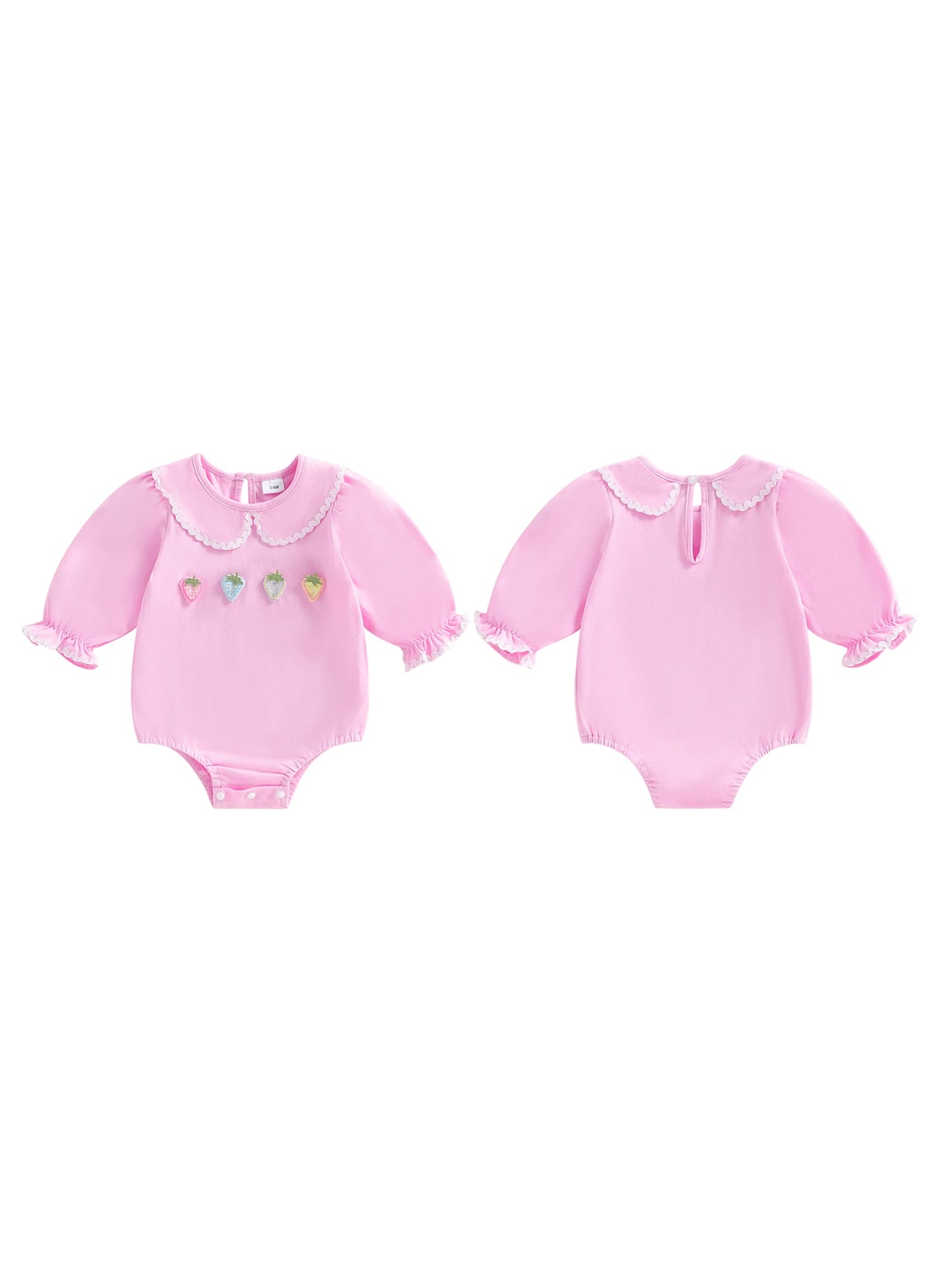 Baby Girls Spring Romper Fashionable Strawberry Flower Embroidery Long Sleeve Ruffled Doll Collar Jumpsuit