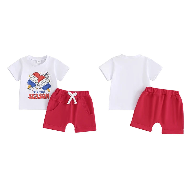 Toddler Baby Boys Girls 2Pcs 4th of July Short Sleeve Tis The Season Letter Popsicle Print Top Shorts Set