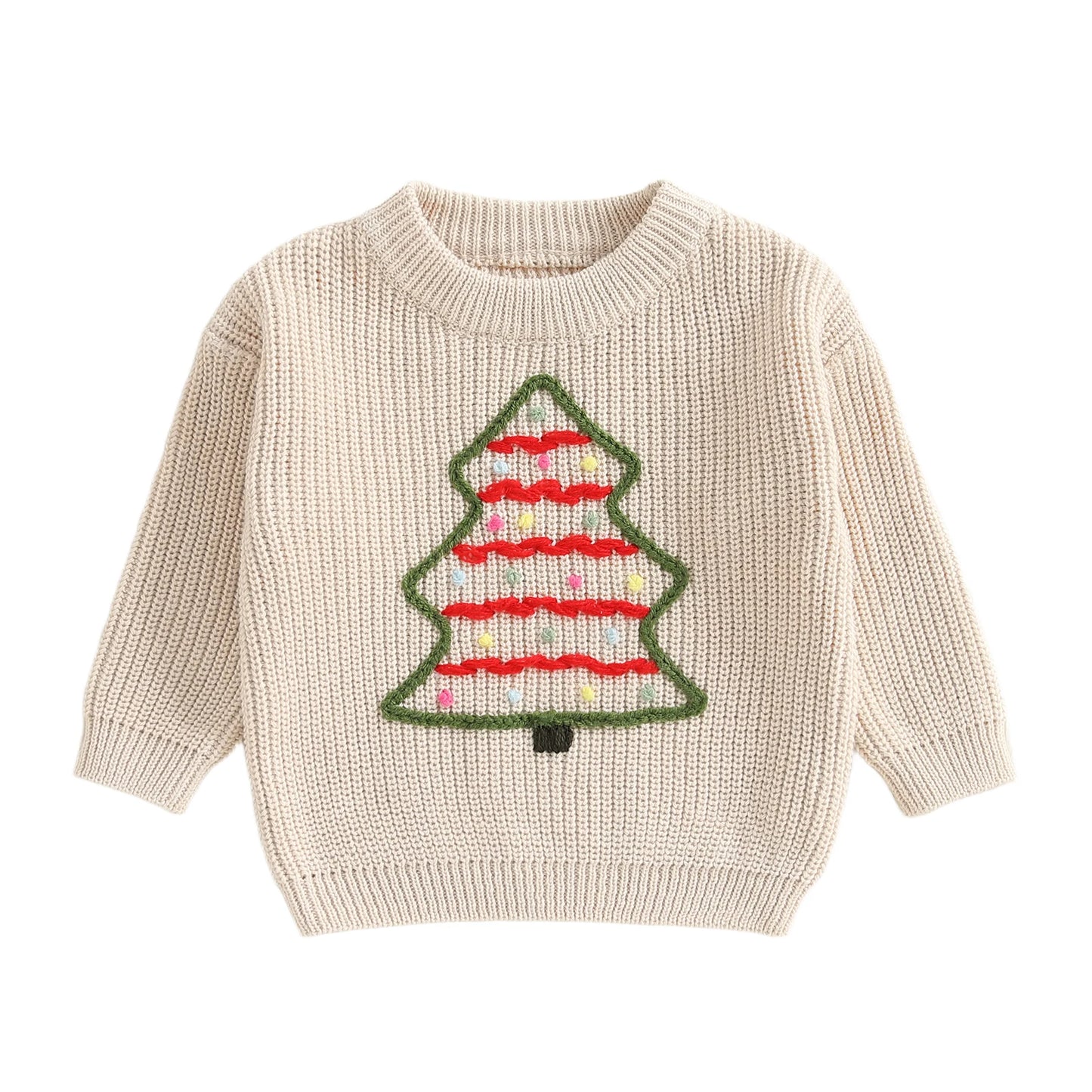 Baby Toddler Boys Girls Christmas Sweater Christmas Tree Embroidered Ribbed Long Sleeve Knitted Top for Winter