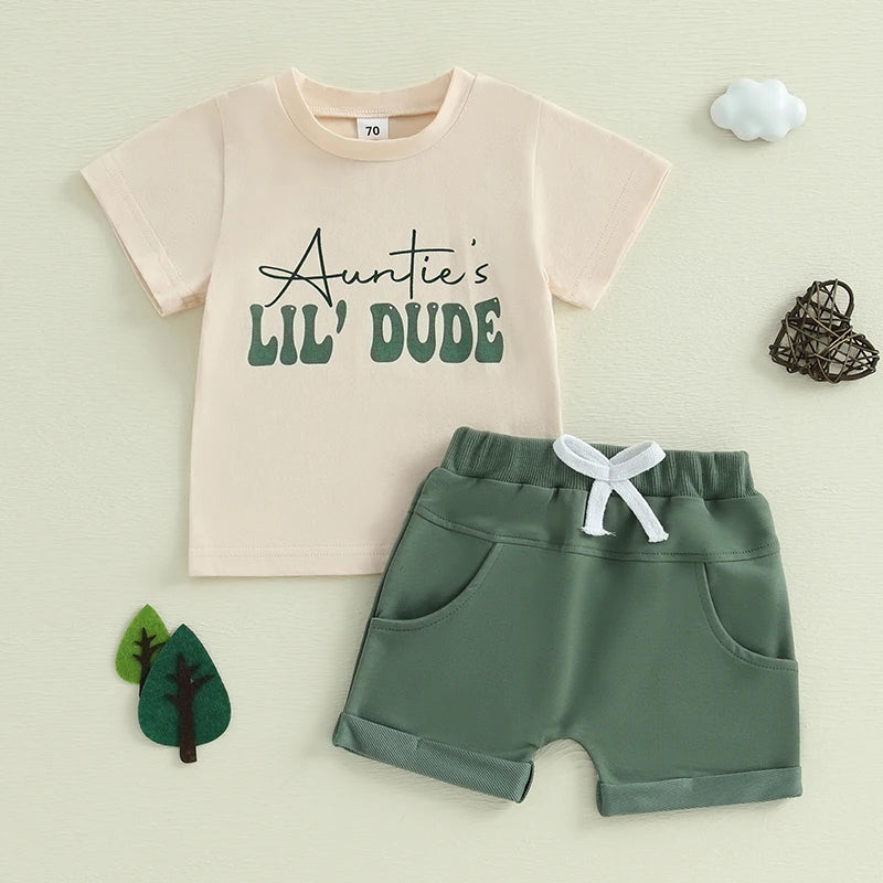 Baby Toddler Boys 2Pcs Auntie's Lil Dude Summer Outfit Letter Print Round Neck Short Sleeve Top with Solid Color Shorts Set
