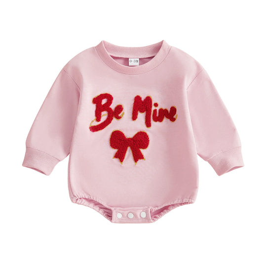 Baby Girl Be Mine Valentine's Day Romper Long Sleeve Round Neck Letter Embroidery Bodysuit