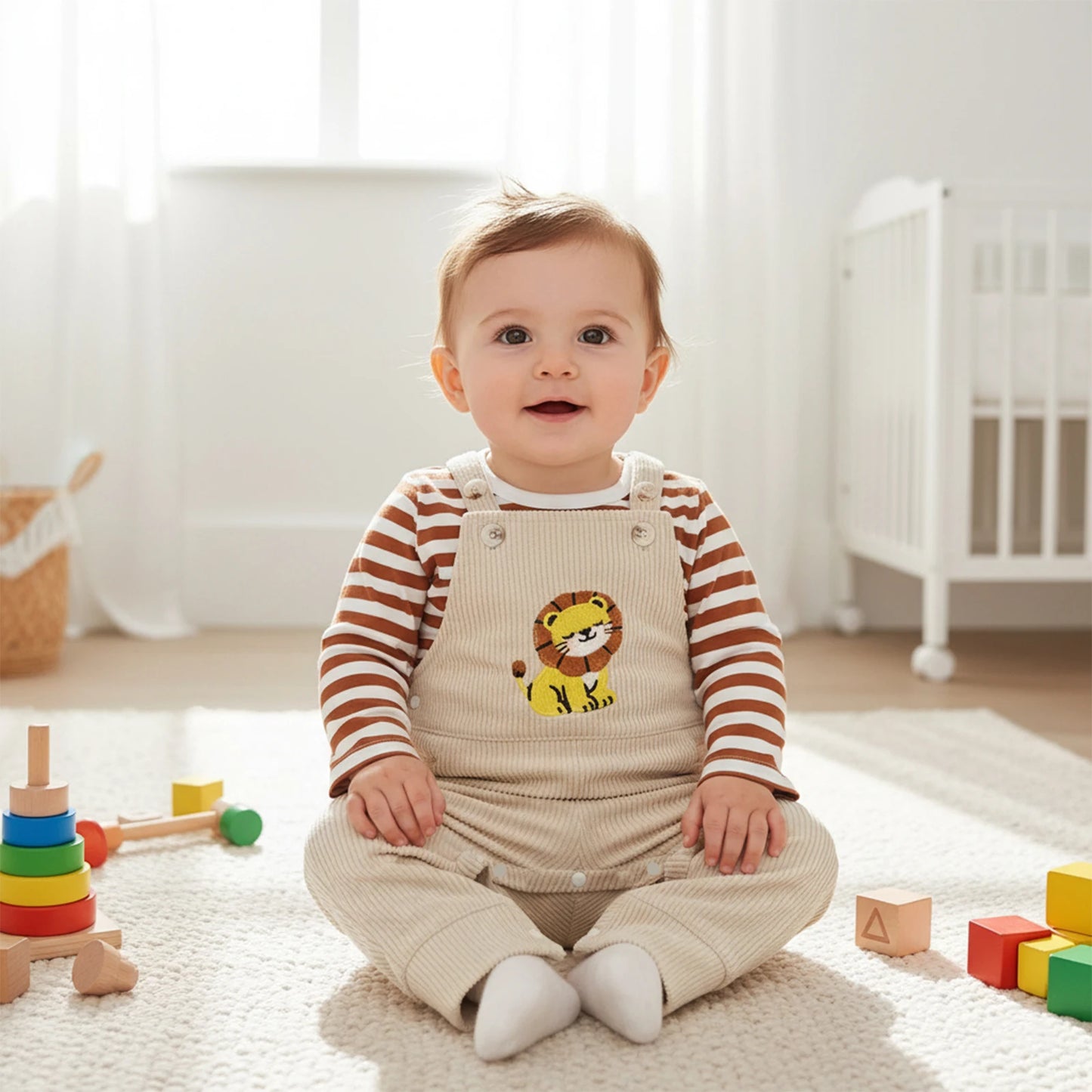 Baby Boys 2Pcs Clothing Sets Fashionable Long Sleeve Striped Topswith Lion Embroidery Overalls 2Pcs Fall Outfits