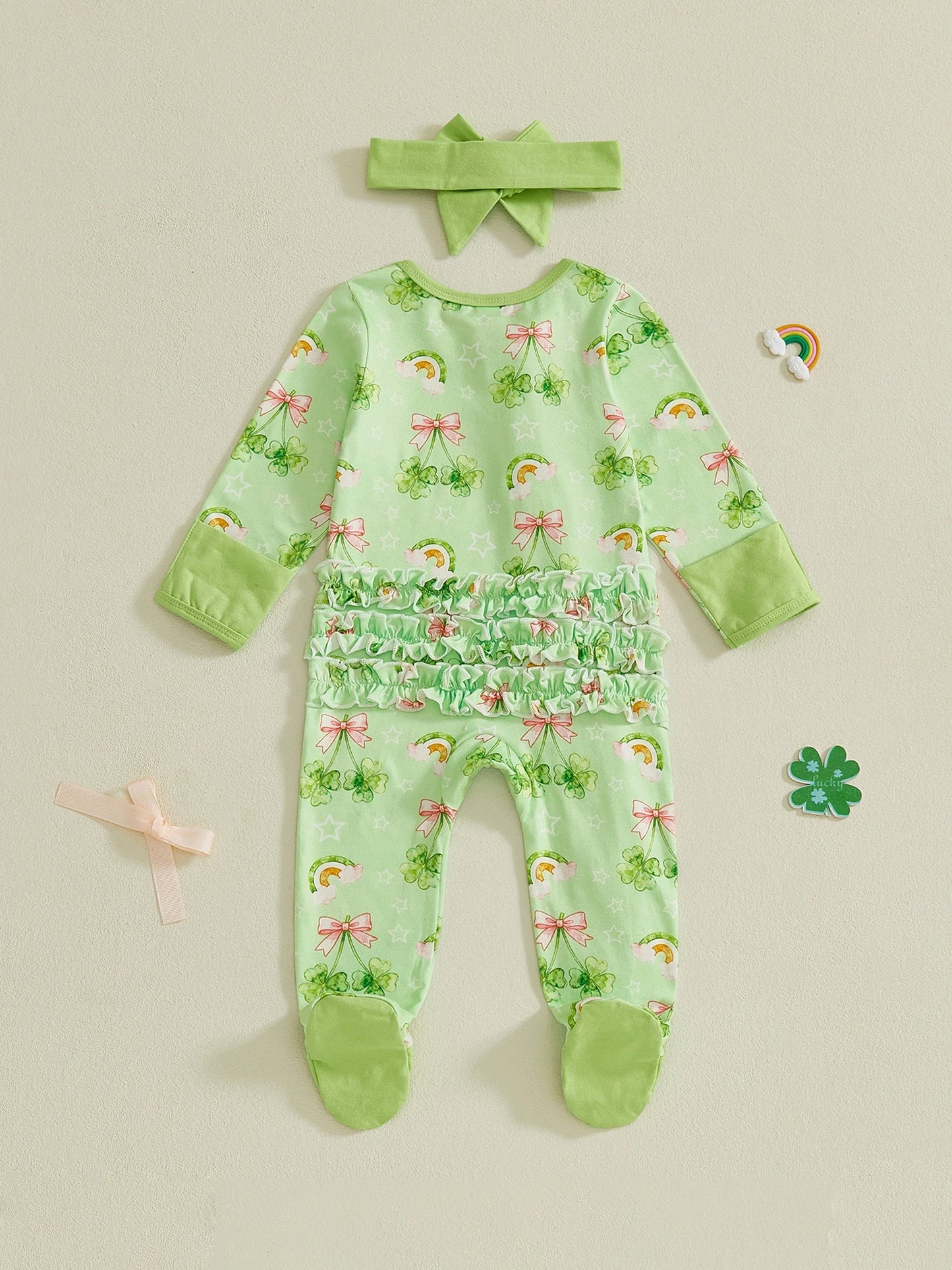 Baby Girl 2Pcs Romper Irish Clover Rainbow Print Long Sleeve Zipper Romper St. Patrick's Day Footed Jumpsuit with Headband Set