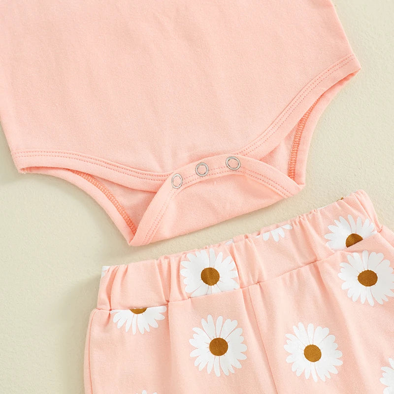 Baby Girls 3Pcs Summer Outfit, Sleeveless Tank Top Romper with Daisy Flower Print Flare Long Pants and Headband