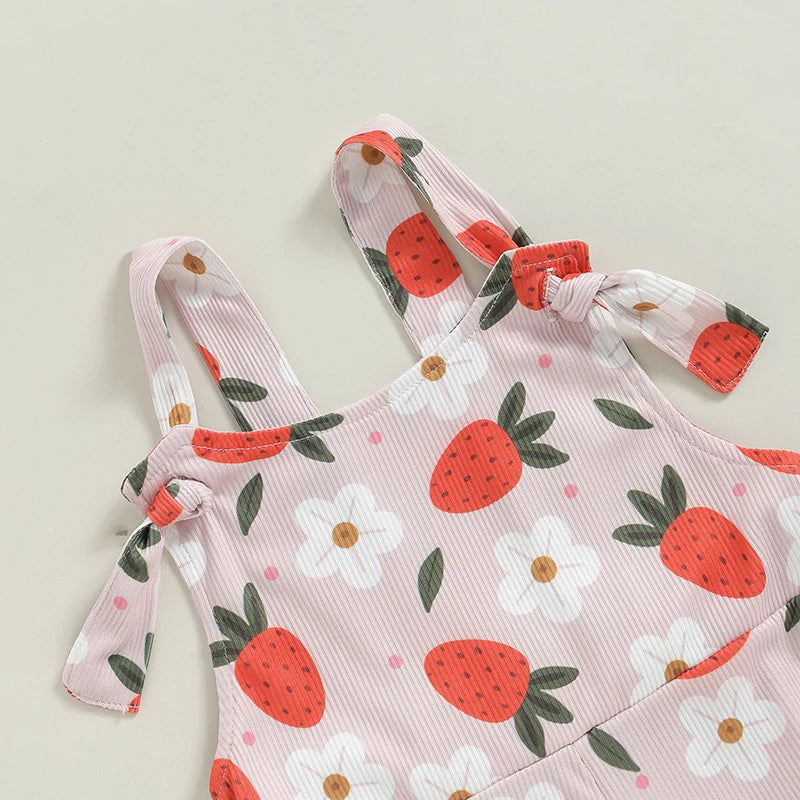 Baby Toddler Girl Summer Romper Casual Knotted Straps Floral Flowers Strawberry Print Sleeveless Flared Pant Jumpsuit