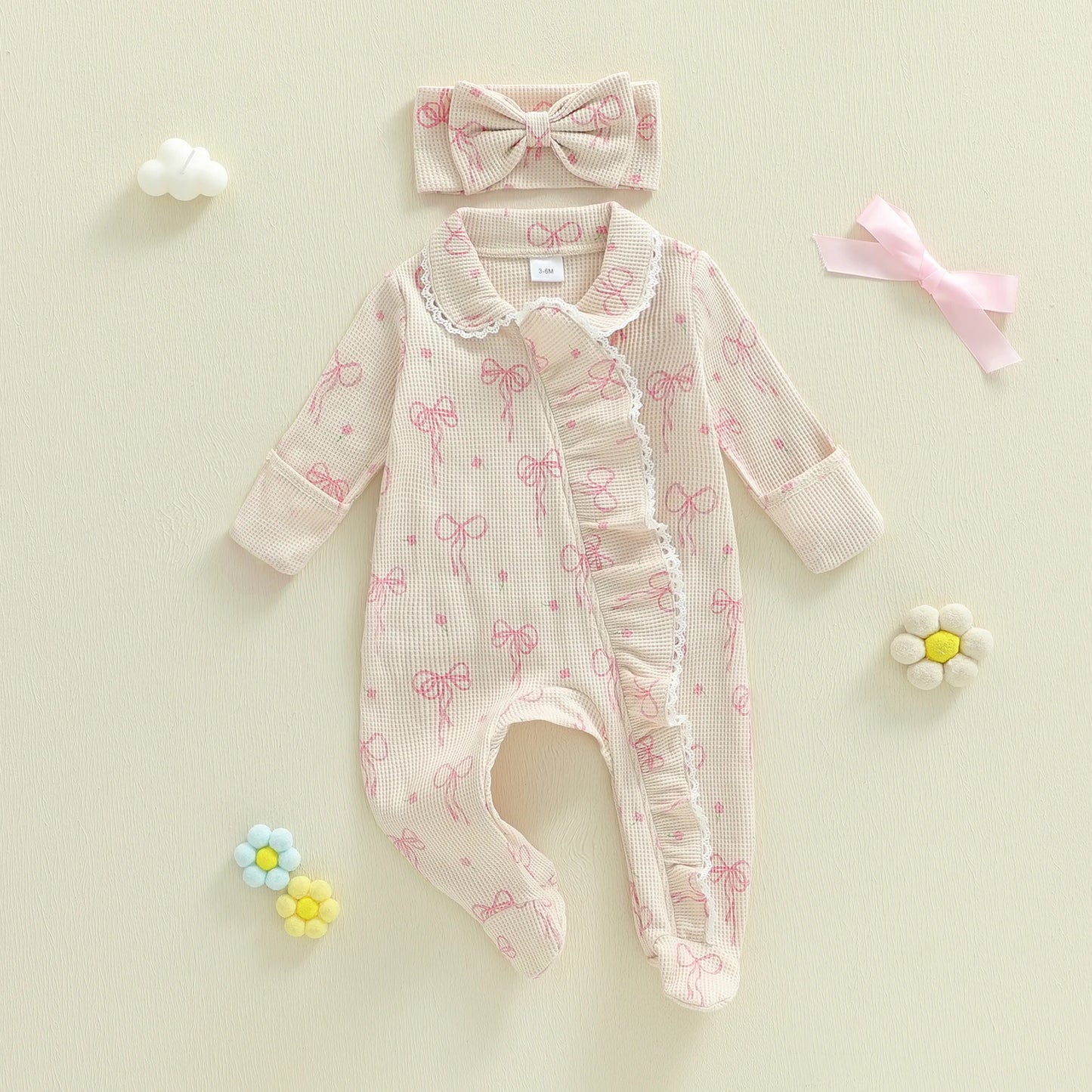 Baby Girl 2Pcs Romper Waffled Bow Print Long Sleeve Zip Up Footed Jumpsuit with Headband Set