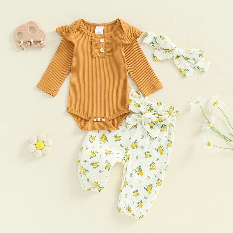 Baby Girls 3Pcs Fall Outfit Long Sleeve Ribbed Romper + Floral Flower Print Pants + Headband Set