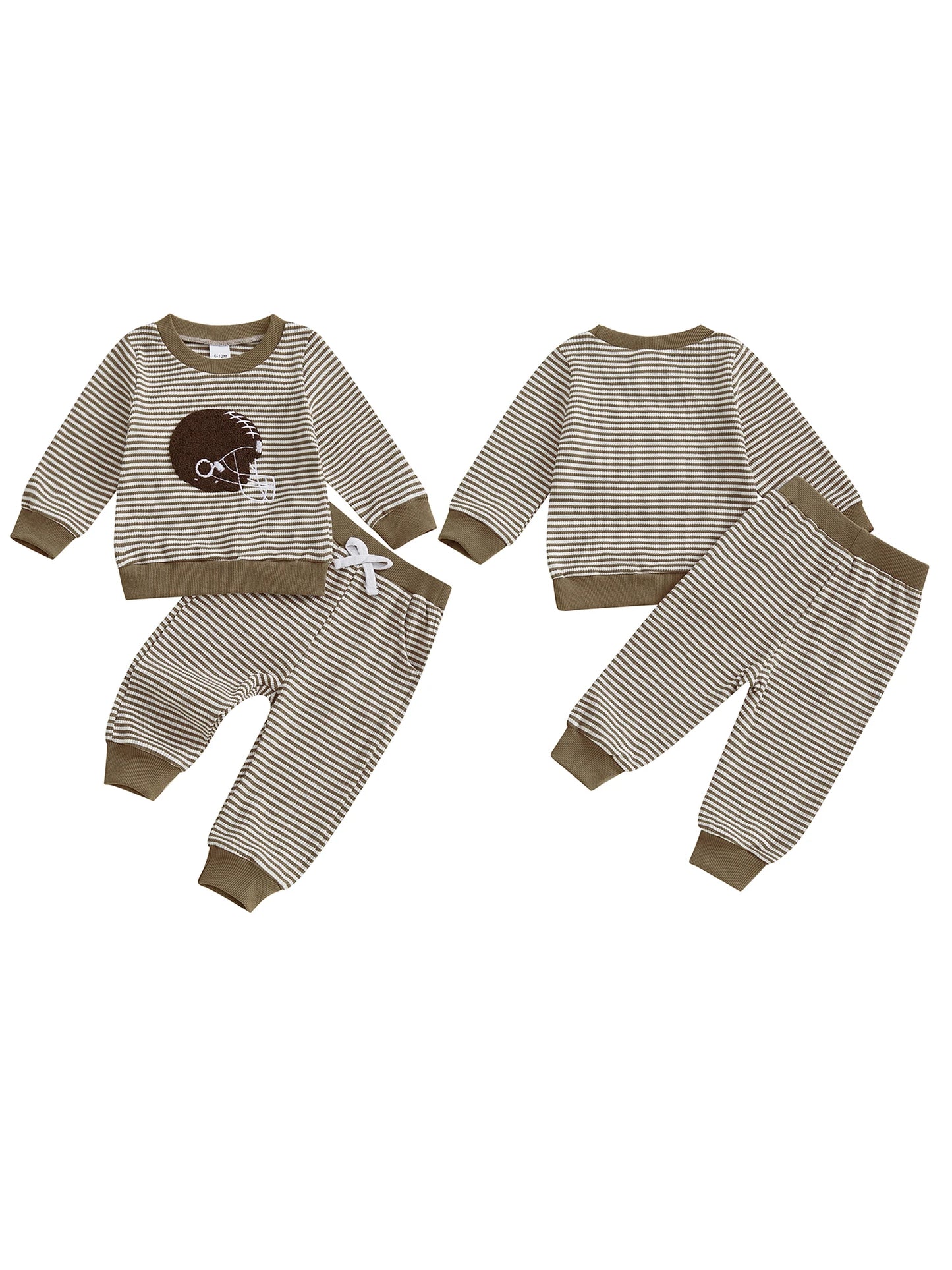 Baby Toddler Boys 2Pcs Football Helmet Outfit Striped Long Sleeve Top Elastic Waist Pants Waffle Jogger Set