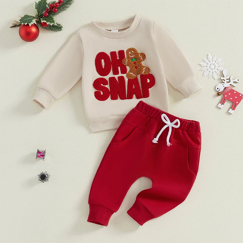 Baby Toddler Boys Girls 2Pcs Christmas Outfit Long Sleeve Oh SNAP Gingerbread Man Embroidery Top Pants Jogger Set Winter