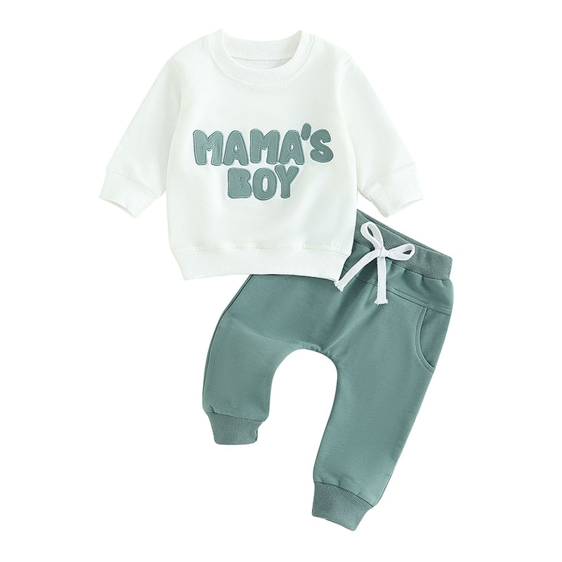 Baby Toddler Boys Girls 2Pcs Fall Clothes Sets Long Sleeve Mamas Boy Embroidery Tops Pant