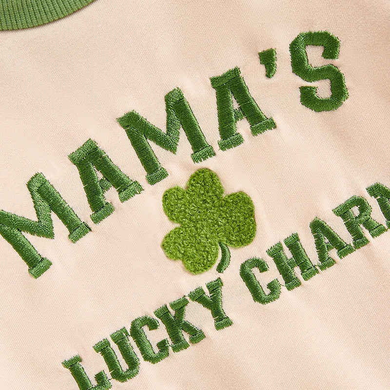 Baby Boys Girls Mama's Lucky Charm St. Patrick's Day Jumpsuit Letter Four Leaf Clover Embroidered Letters Raglan Long Sleeve Romper