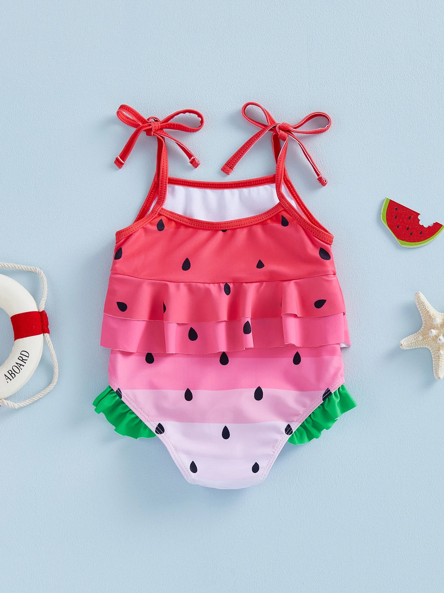 Baby Toddler Girl Swimsuit Summer Sleeveless Tie Straps Layered Ruffles Watermelon Swimwear Romper Bathing Suit