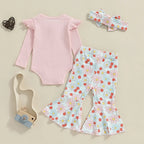 Baby Girls 3Pcs Fall Outfit Ruffle Ribbed Long Sleeve Romper Flower Flare Pants Tie Headband Set