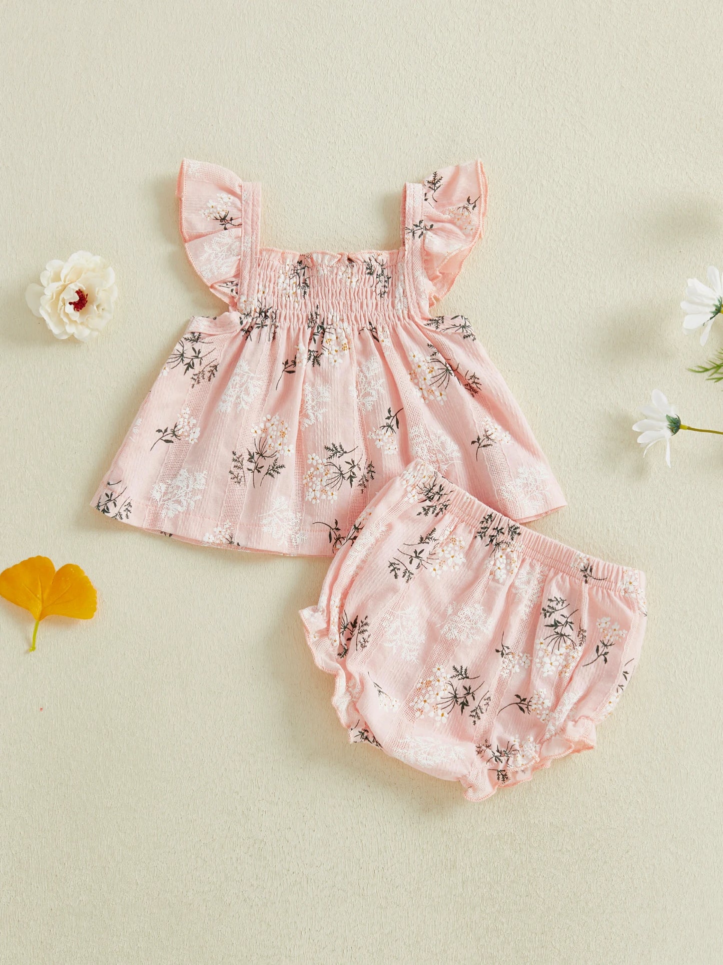 Baby Toddler Girl 2Pcs Summer Outfit Flower Flying Sleeve Ruffle Tank Top and Shorts Bloomers 2 Piece Casual Set