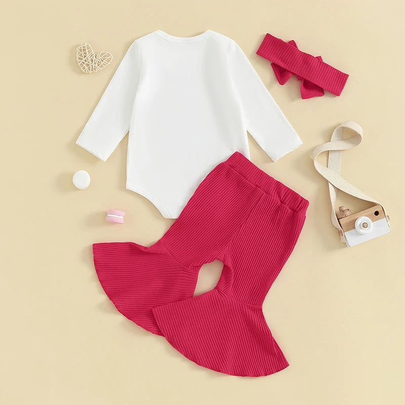 Baby Girl 3Pcs Valentine's Day Outfit Miss Steal Your Heart Letter Print Long Sleeve Romper Bell Bottom Pants with Bow Handband Set