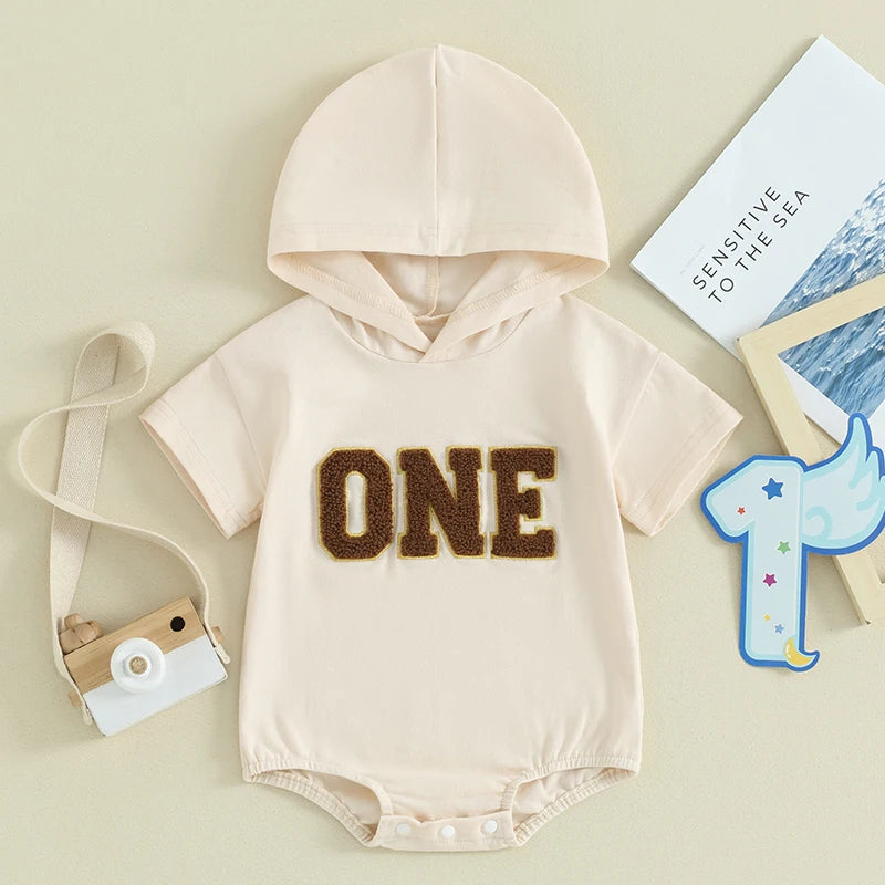 Baby Boy Girl Birthday Hooded Romper Short Sleeve ONE Letter Embroidery Casual Jumpsuits