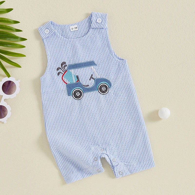 Baby Boys Jumpsuit Sleeveless Crew Neck Striped Embroidery Golf Cart Summer Romper