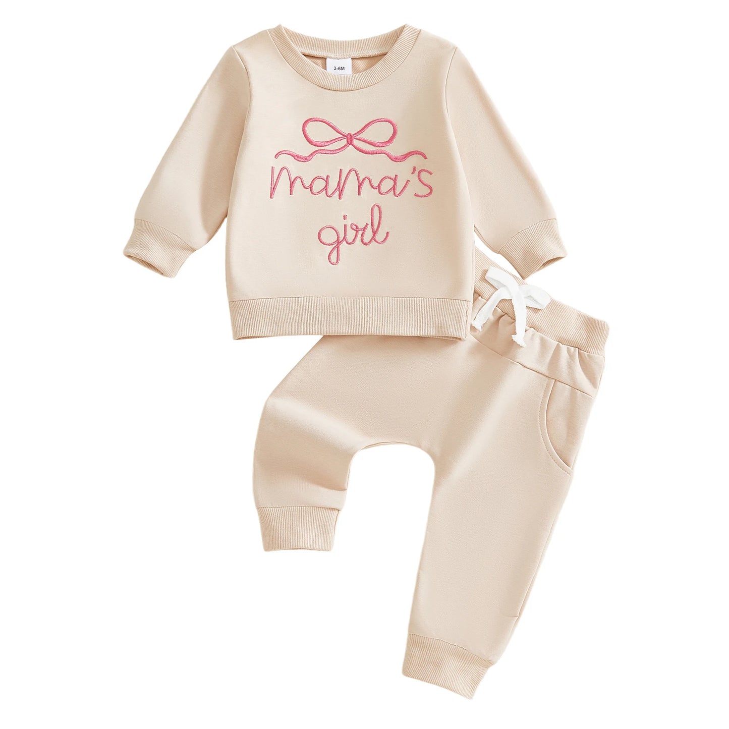 Baby Toddler Girls 2Pcs Mama's Girl Outfit Bow Letter Embroidered Long Sleeve Top and Solid Joggers 2 Piece Set