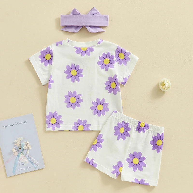 Toddler Baby Girl 3pcs Flower Outfit Summer Floral Print Short Sleeve Top Shirt Shorts Headband Clothing Set