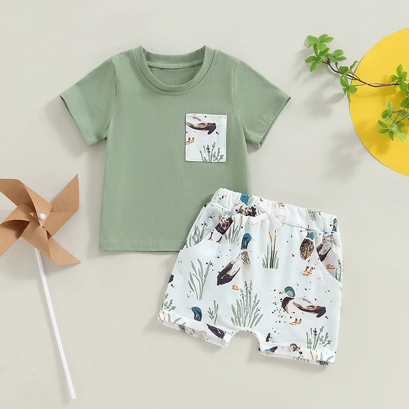 Baby Toddler Boys 2Pcs Summer Clothes Duck Bird Top and Shorts Set Casual Outfit