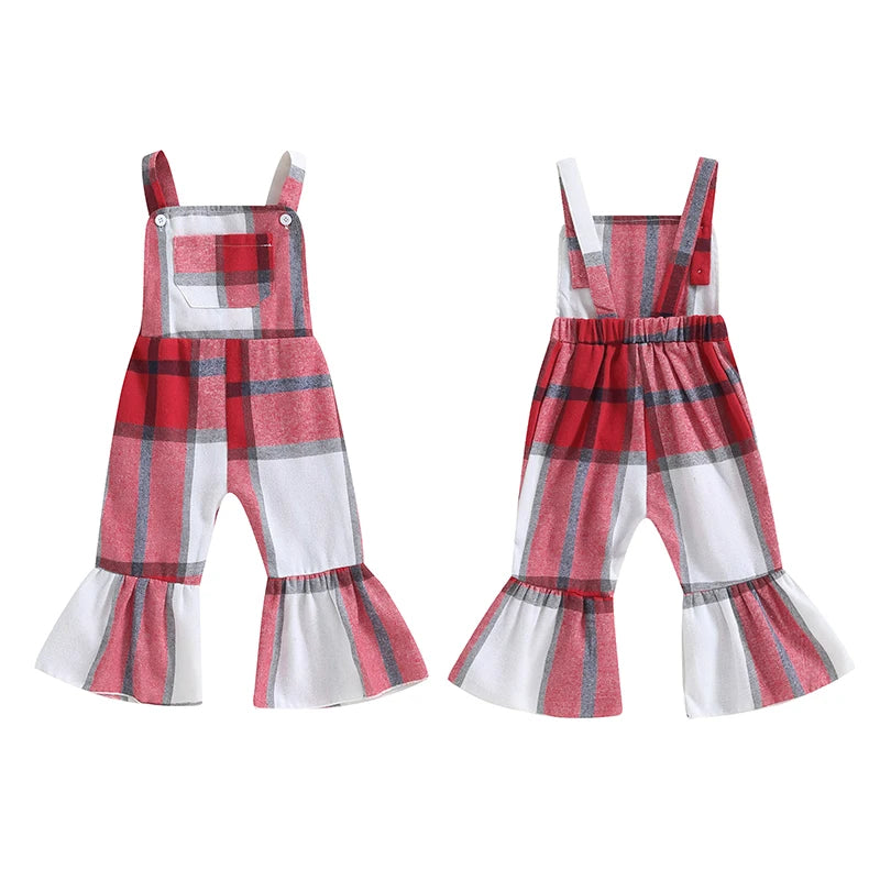 Baby Toddler Girls Plaid Overalls Casual Square Neck Sleeveless Bell Bottom Jumpsuit Romper