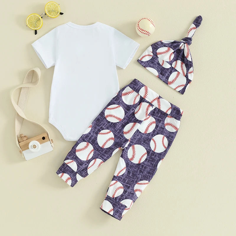 Baby Boys Girls 3Pcs First Birthday Outfit Letter ONE Print Short Sleeve Romper with Baseball Print Pants and Hat Set