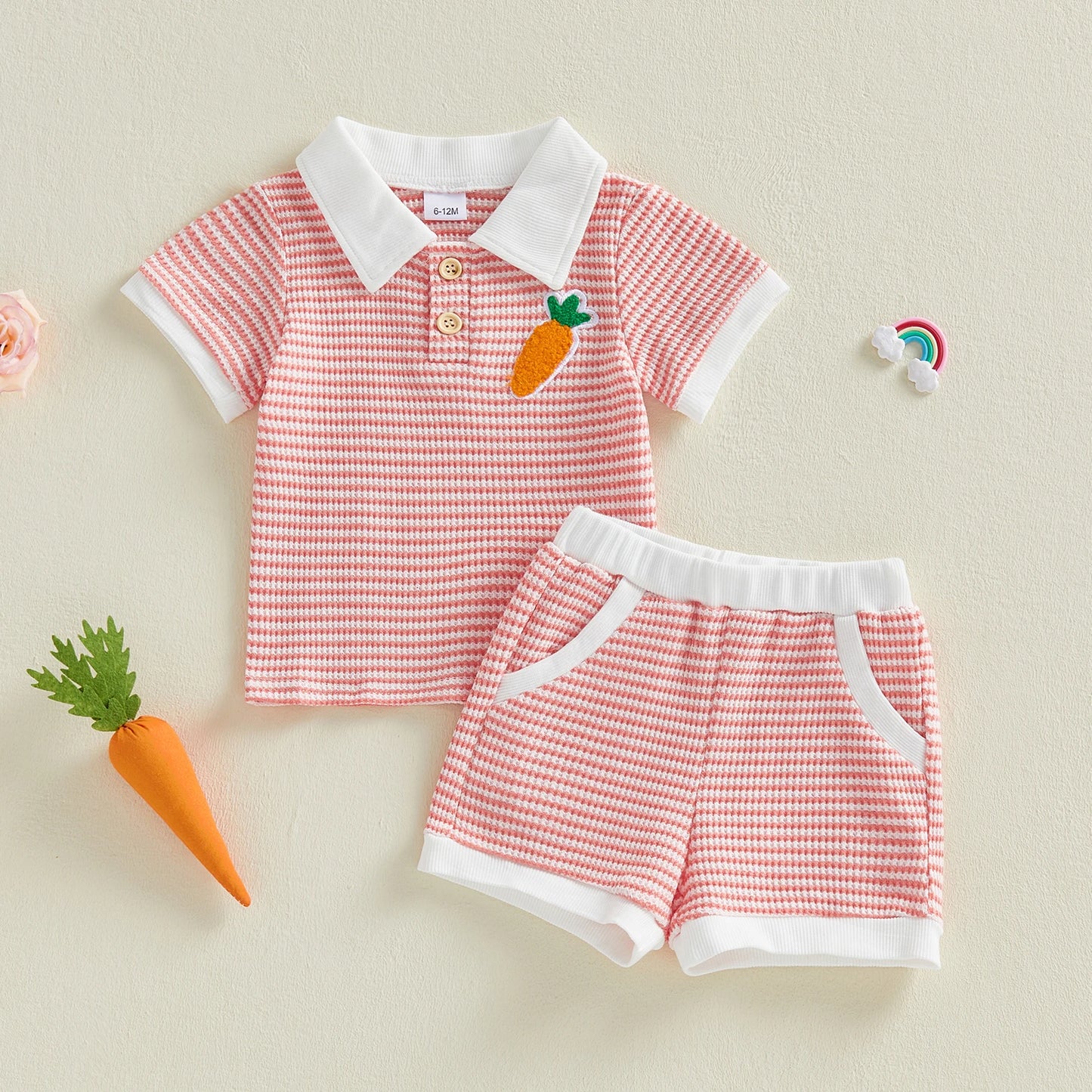 Baby Toddler Boys 2Pcs Easter Outfit Fashionable Striped Short Sleeve Carrot Cross Embroidery Top with Shorts 2Pcs Clothing Set