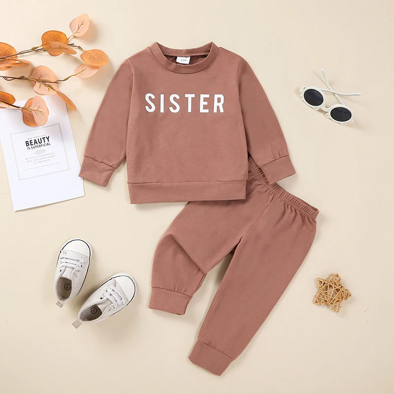 Baby Toddler Girls 2Pcs Outfit Sister Letter Print Long Sleeve Top + Elastic Waist Pants Set