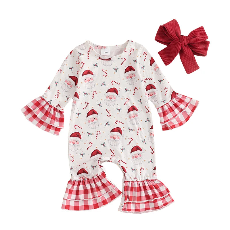 Baby Girls 2Pcs Romper Christmas Print Long Sleeve Jumpsuits Flare Sleeve and Pant and Cute Headband Set Infant Outfits